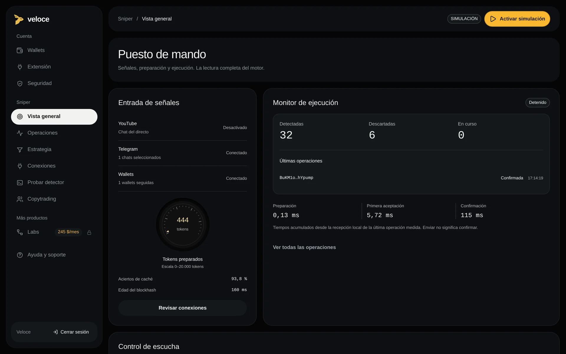 Sniper dashboard: signal inputs, execution monitor and latency